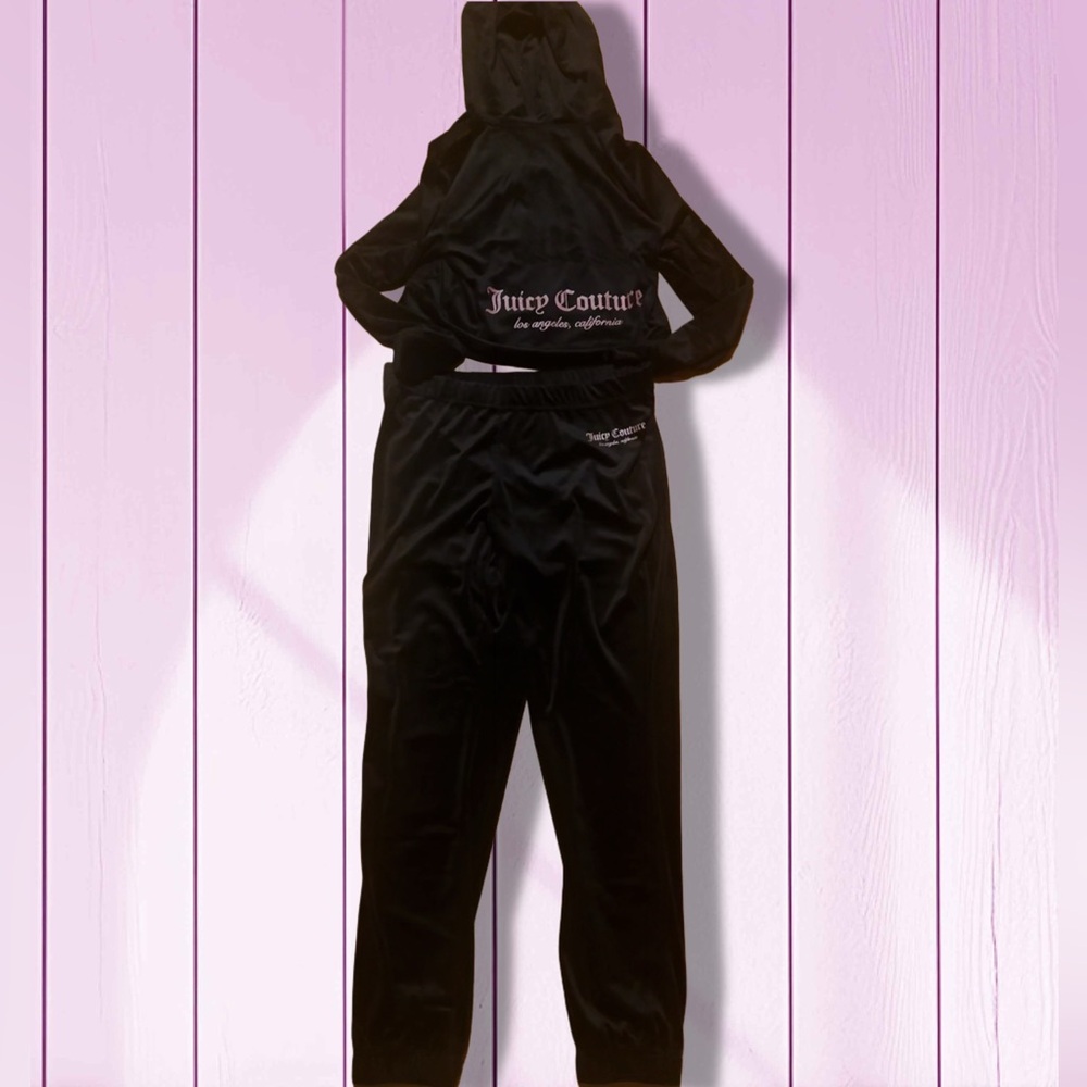 Juicy Couture Black and Pink Glitter Velour Hoodie and Pants Tracksuit